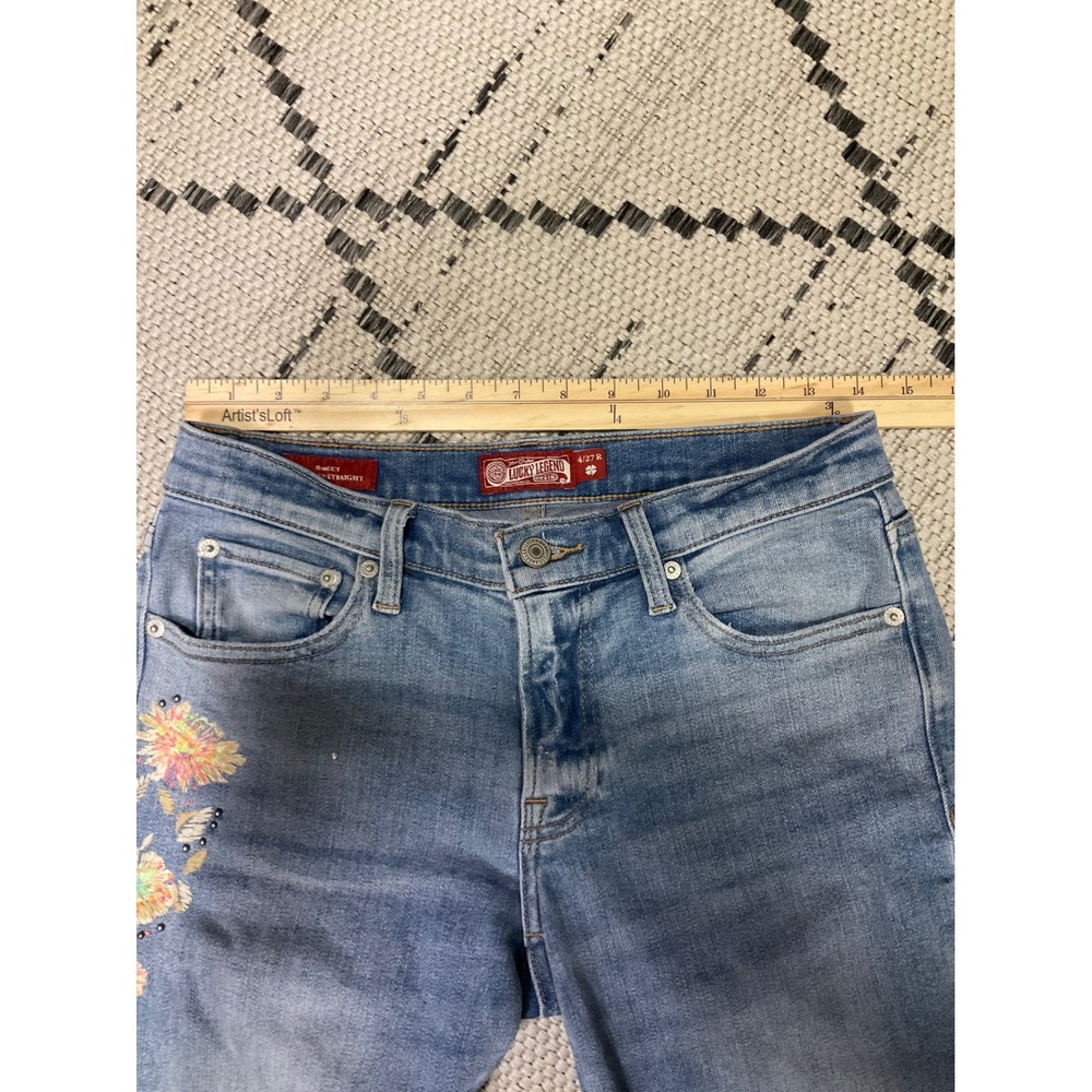 Lucky Brand Sweet Mid‎ Rise Straight Jeans 4/27R Floral Embroidered Boho - Picture 13 of 15